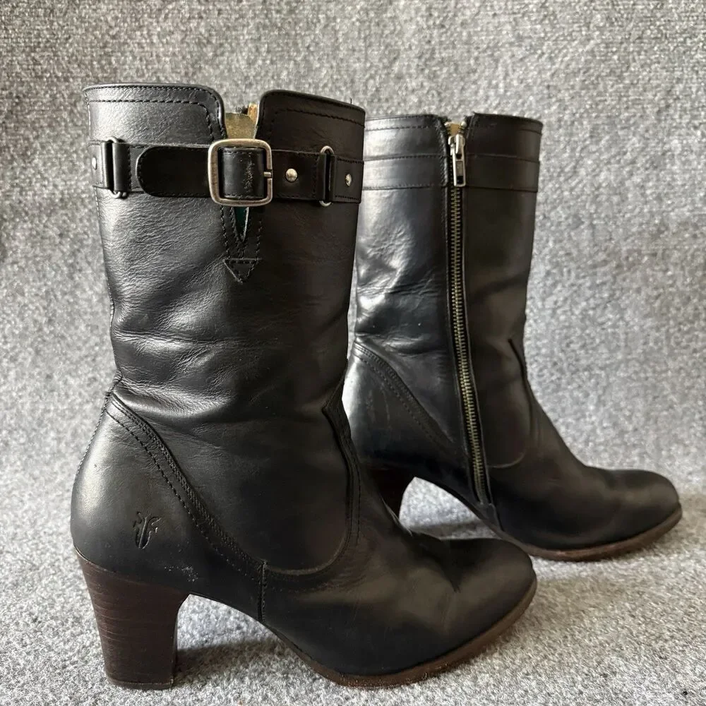 Frye Fiona Black Leather Mid Calf Moto Riding Boots Chunky Stacked Heel Size 10B